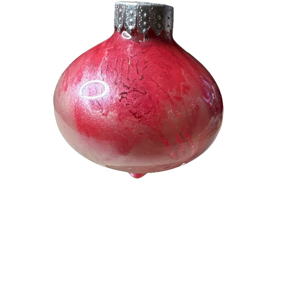 Crate & Barrel Red White Marbled Glass Onion Christmas Ornament C&B Logo Cap